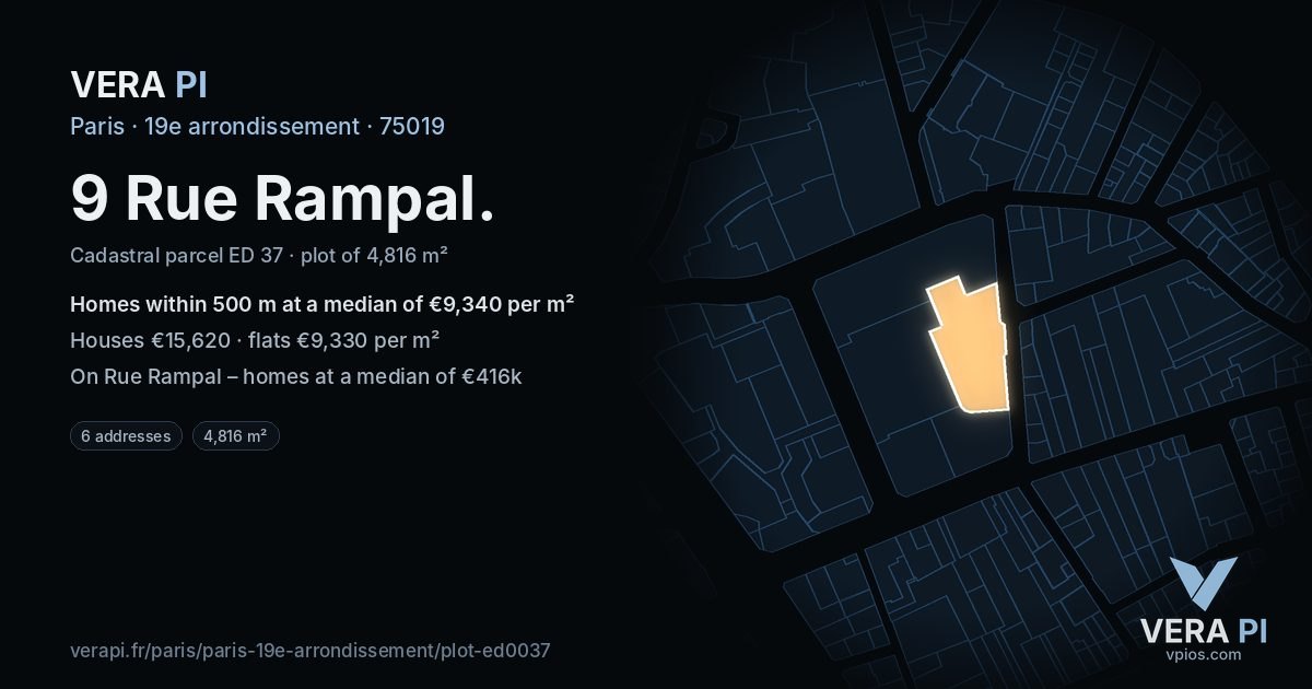 9 Rue Rampal, 19e arrondissement at night – the plot lit, the parcels around coloured by the prices near them