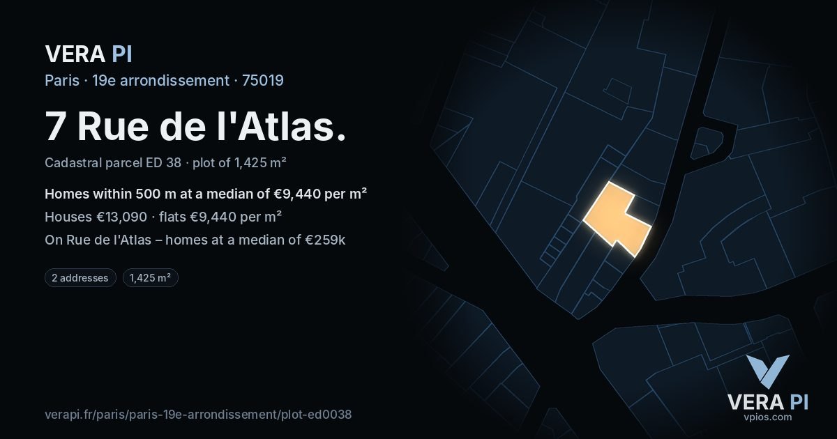 7 Rue de l'Atlas, 19e arrondissement at night – the plot lit, the parcels around coloured by the prices near them