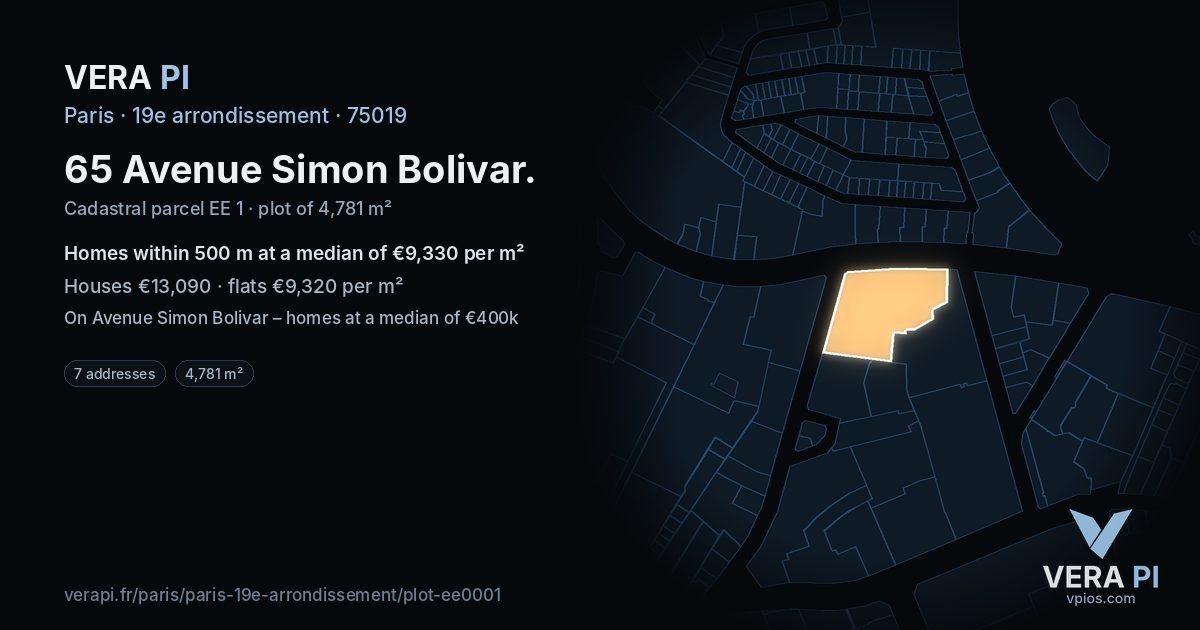 65 Avenue Simon Bolivar, 19e arrondissement at night – the plot lit, the parcels around coloured by the prices near them