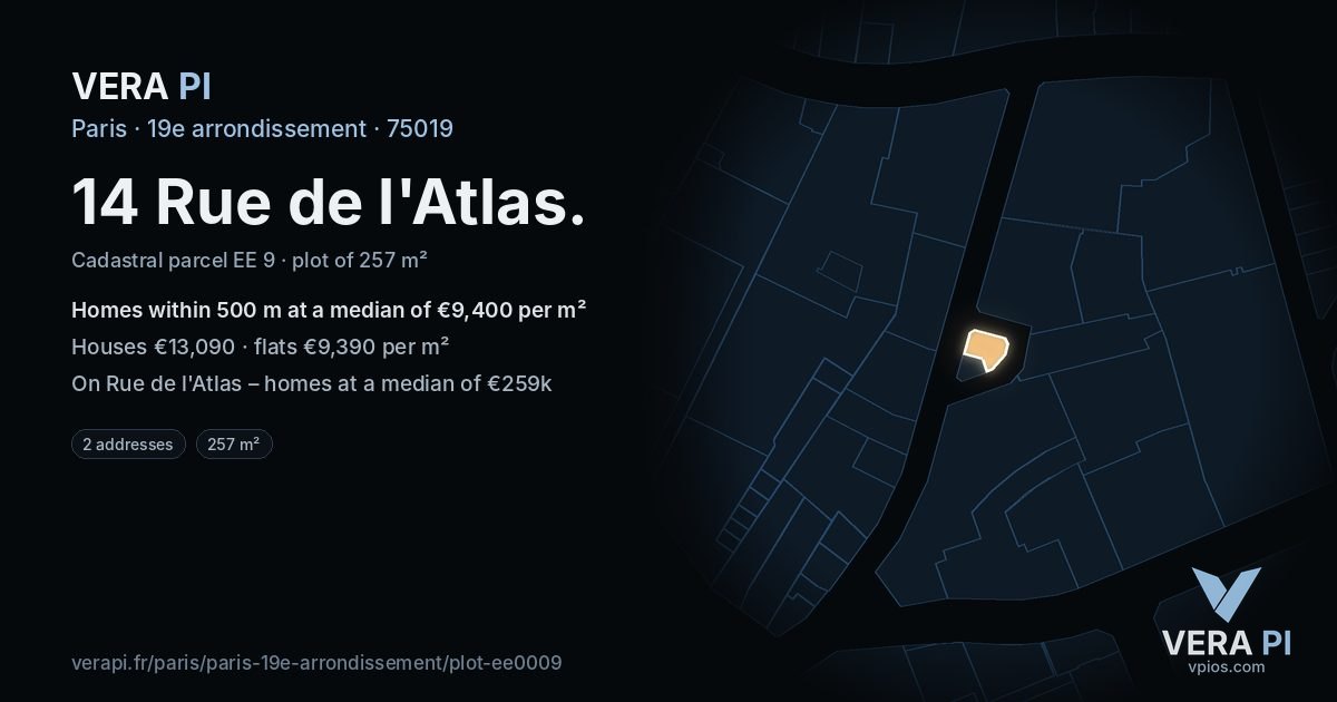14 Rue de l'Atlas, 19e arrondissement at night – the plot lit, the parcels around coloured by the prices near them