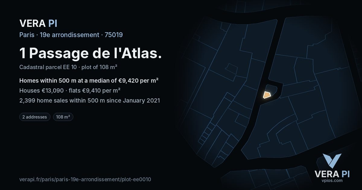 1 Passage de l'Atlas, 19e arrondissement at night – the plot lit, the parcels around coloured by the prices near them