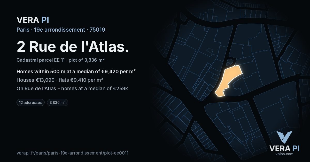 2 Rue de l'Atlas, 19e arrondissement at night – the plot lit, the parcels around coloured by the prices near them