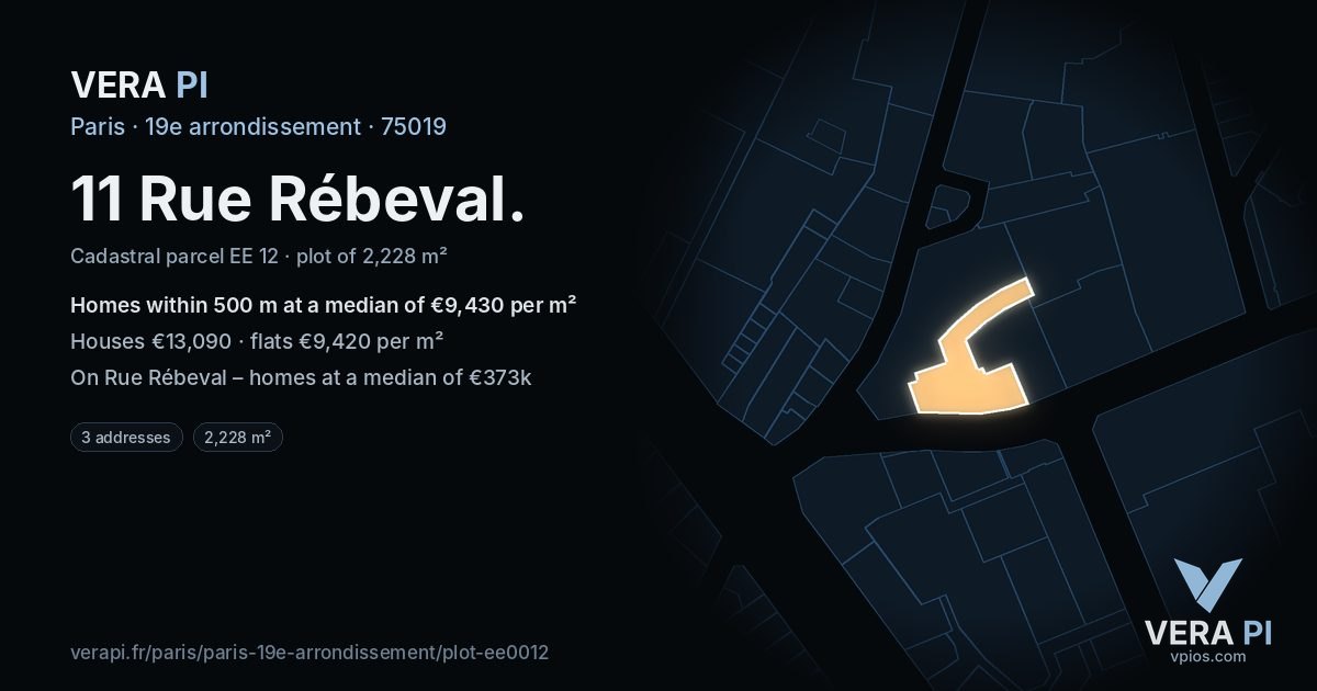 11 Rue Rébeval, 19e arrondissement at night – the plot lit, the parcels around coloured by the prices near them