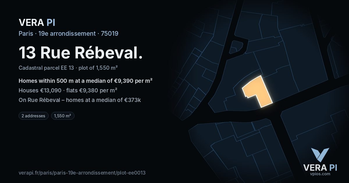 13 Rue Rébeval, 19e arrondissement at night – the plot lit, the parcels around coloured by the prices near them