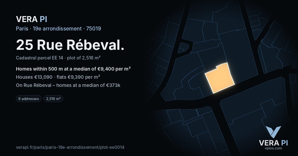25 Rue Rébeval, 19e arrondissement at night – the plot lit, the parcels around coloured by the prices near them