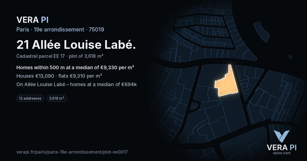 21 Allée Louise Labé, 19e arrondissement at night – the plot lit, the parcels around coloured by the prices near them