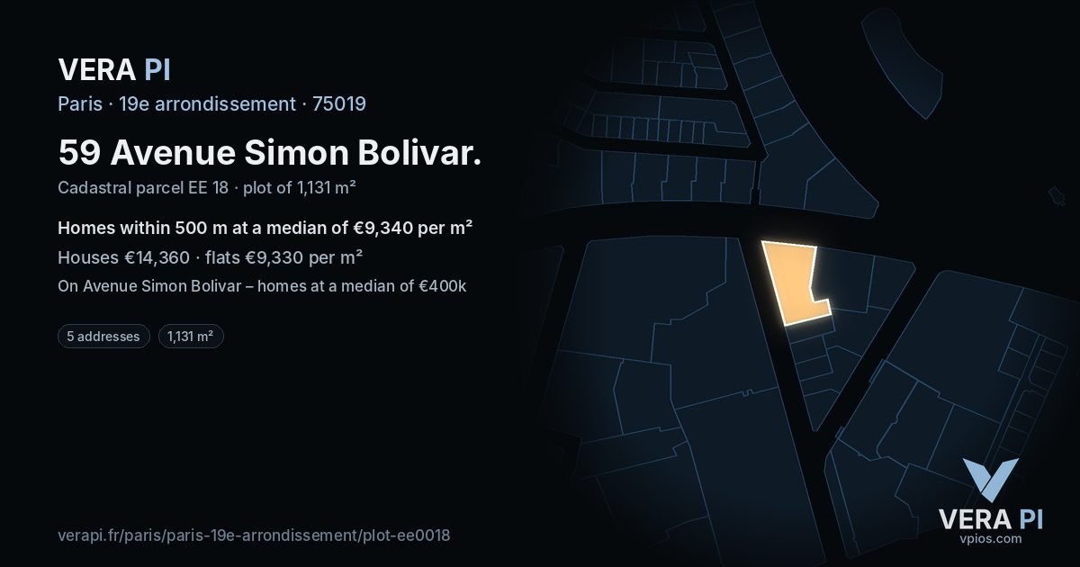59 Avenue Simon Bolivar, 19e arrondissement at night – the plot lit, the parcels around coloured by the prices near them