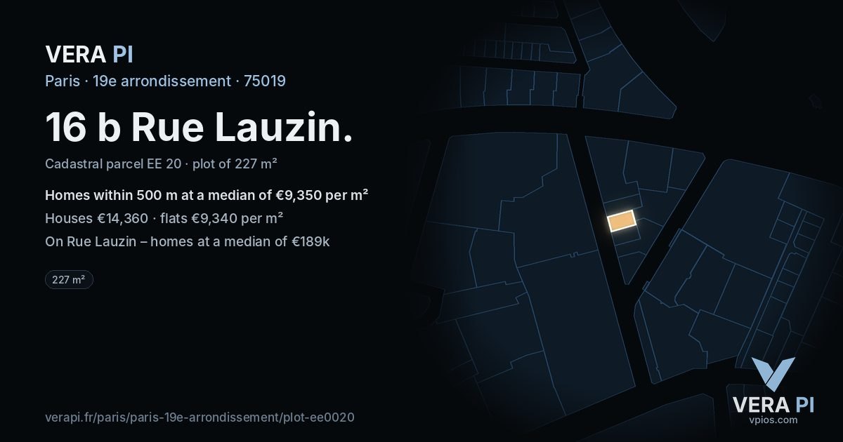 16 b Rue Lauzin, 19e arrondissement at night – the plot lit, the parcels around coloured by the prices near them
