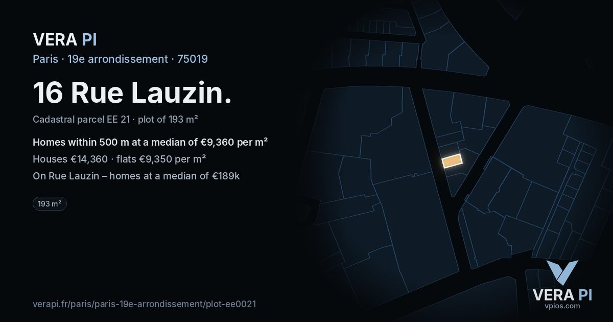 16 Rue Lauzin, 19e arrondissement at night – the plot lit, the parcels around coloured by the prices near them