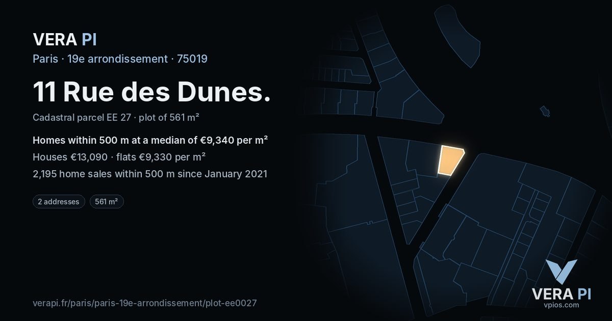 11 Rue des Dunes, 19e arrondissement at night – the plot lit, the parcels around coloured by the prices near them