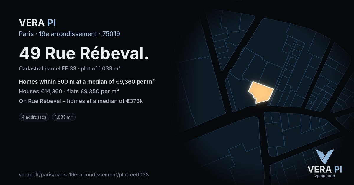 49 Rue Rébeval, 19e arrondissement at night – the plot lit, the parcels around coloured by the prices near them