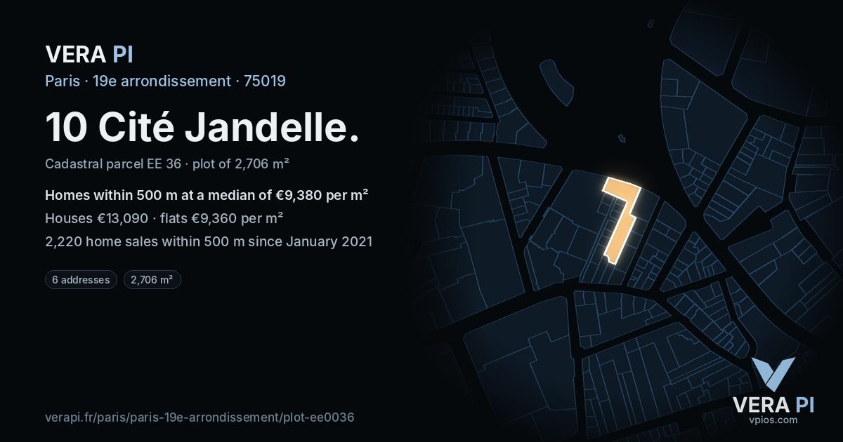 10 Cité Jandelle, 19e arrondissement at night – the plot lit, the parcels around coloured by the prices near them