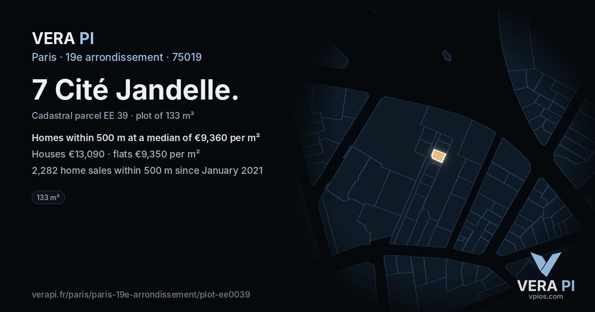 7 Cité Jandelle, 19e arrondissement at night – the plot lit, the parcels around coloured by the prices near them