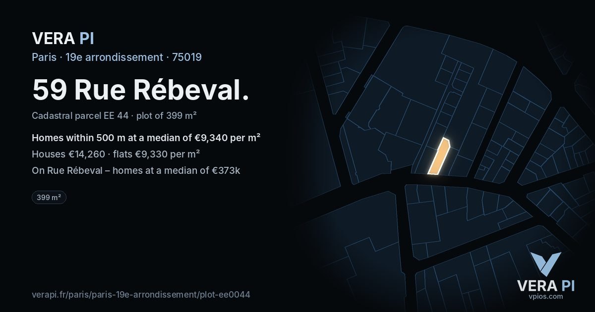 59 Rue Rébeval, 19e arrondissement at night – the plot lit, the parcels around coloured by the prices near them
