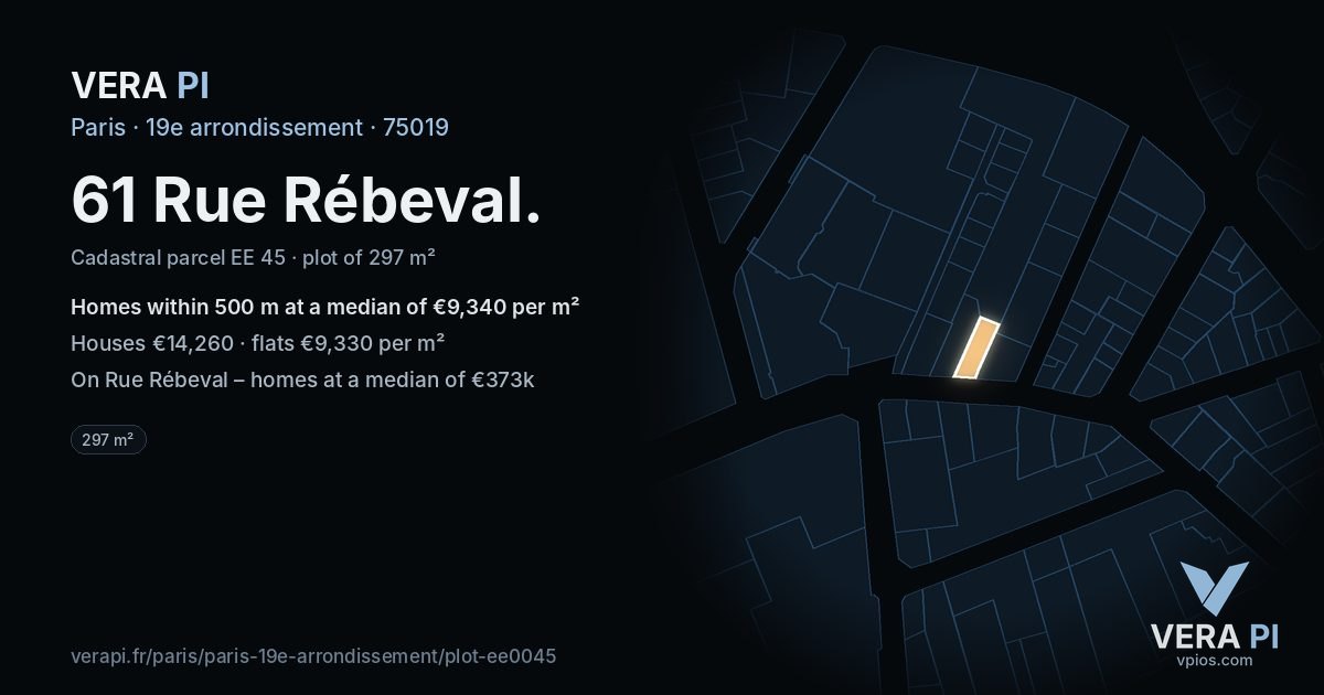 61 Rue Rébeval, 19e arrondissement at night – the plot lit, the parcels around coloured by the prices near them