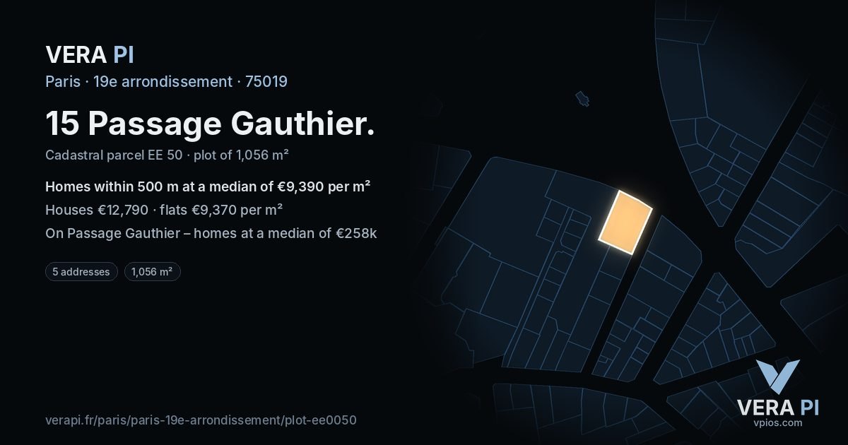 15 Passage Gauthier, 19e arrondissement at night – the plot lit, the parcels around coloured by the prices near them