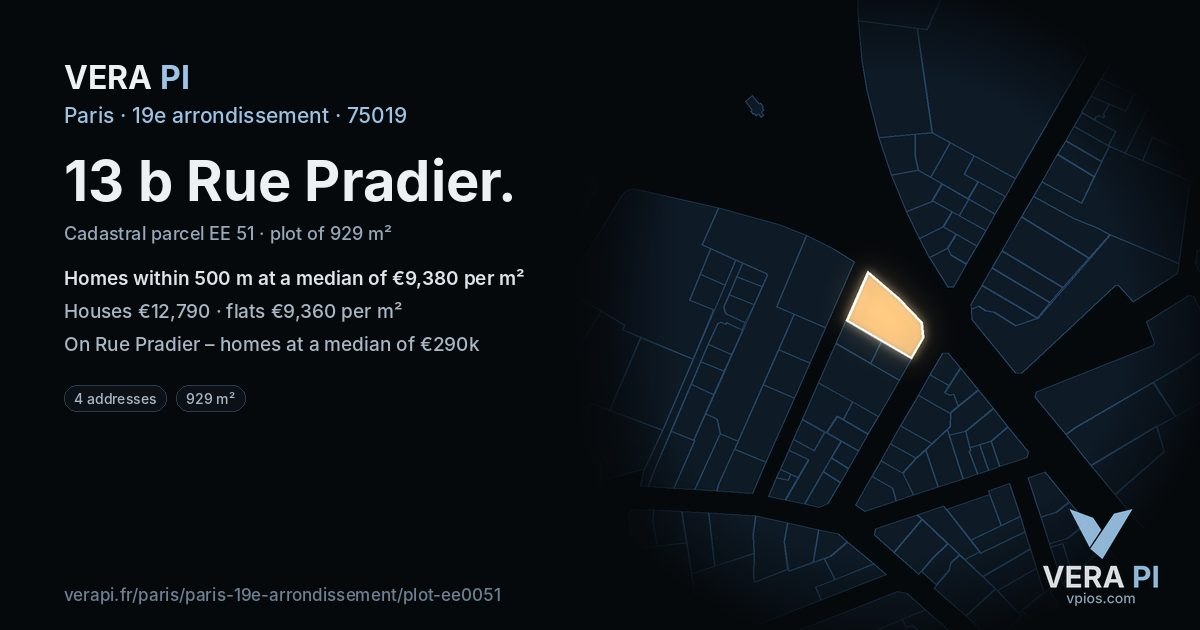 13 b Rue Pradier, 19e arrondissement at night – the plot lit, the parcels around coloured by the prices near them