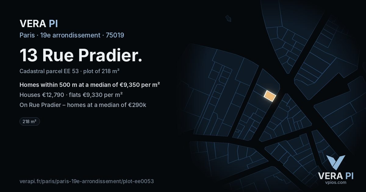 13 Rue Pradier, 19e arrondissement at night – the plot lit, the parcels around coloured by the prices near them