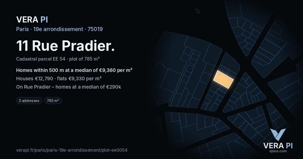 11 Rue Pradier, 19e arrondissement at night – the plot lit, the parcels around coloured by the prices near them