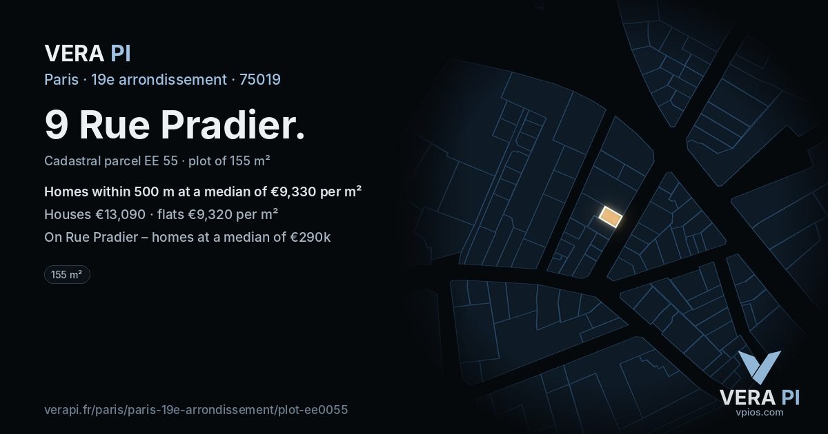 9 Rue Pradier, 19e arrondissement at night – the plot lit, the parcels around coloured by the prices near them