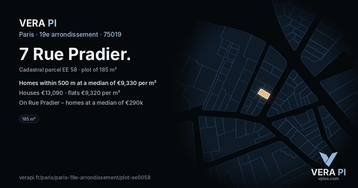 7 Rue Pradier, 19e arrondissement at night – the plot lit, the parcels around coloured by the prices near them
