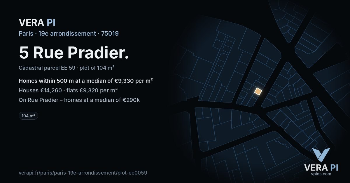 5 Rue Pradier, 19e arrondissement at night – the plot lit, the parcels around coloured by the prices near them
