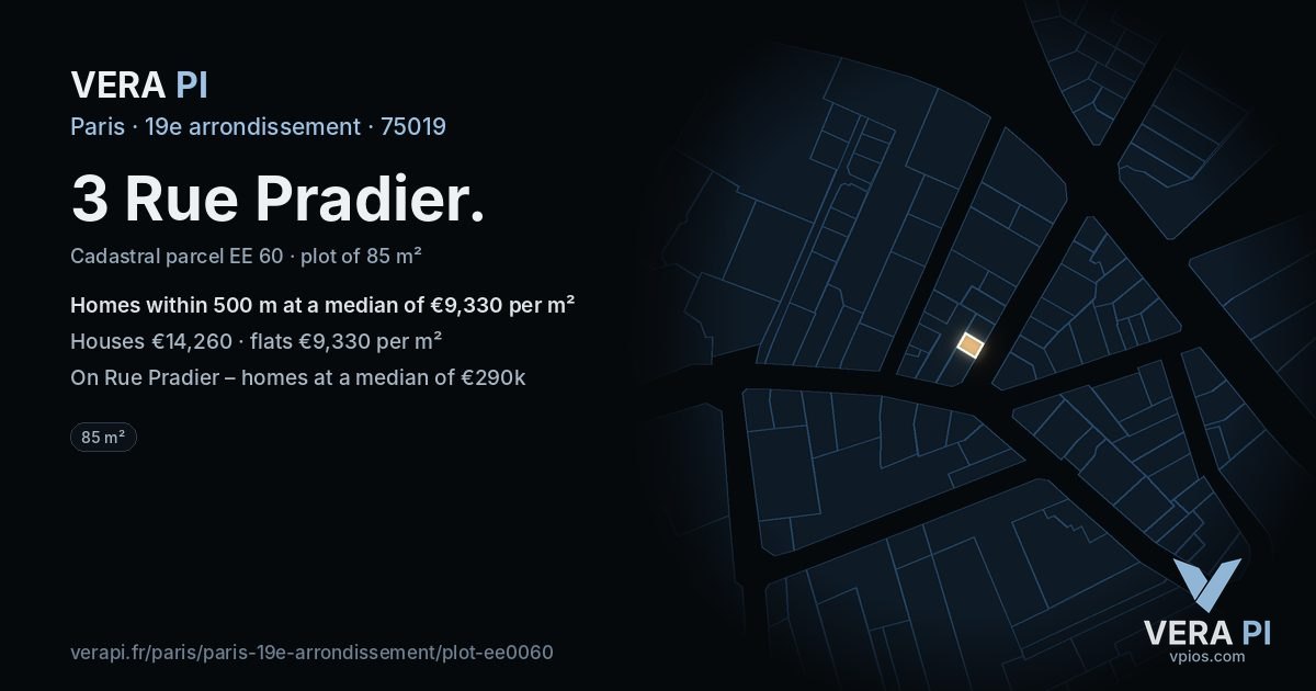 3 Rue Pradier, 19e arrondissement at night – the plot lit, the parcels around coloured by the prices near them