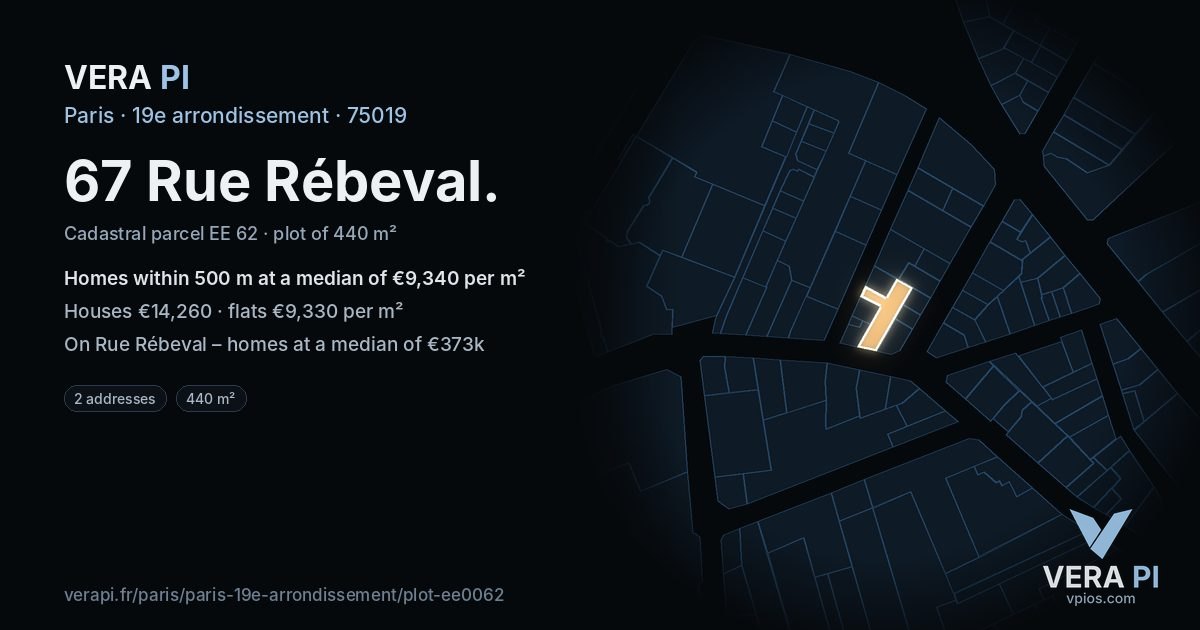 67 Rue Rébeval, 19e arrondissement at night – the plot lit, the parcels around coloured by the prices near them