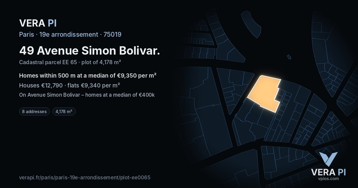 49 Avenue Simon Bolivar, 19e arrondissement at night – the plot lit, the parcels around coloured by the prices near them