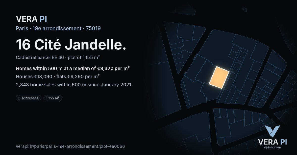 16 Cité Jandelle, 19e arrondissement at night – the plot lit, the parcels around coloured by the prices near them
