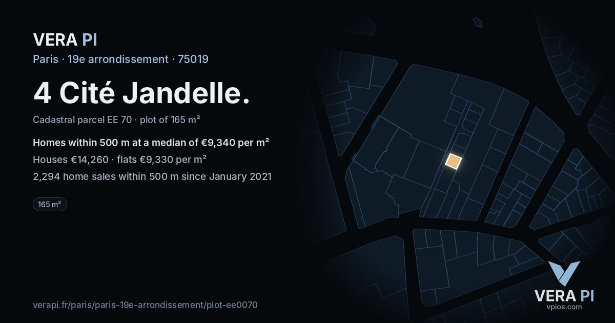 4 Cité Jandelle, 19e arrondissement at night – the plot lit, the parcels around coloured by the prices near them
