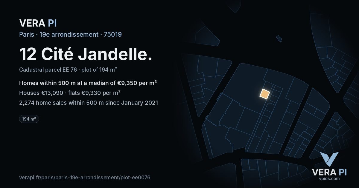 12 Cité Jandelle, 19e arrondissement at night – the plot lit, the parcels around coloured by the prices near them