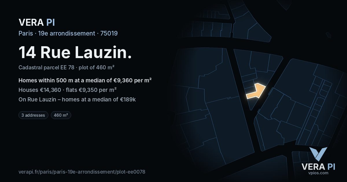 14 Rue Lauzin, 19e arrondissement at night – the plot lit, the parcels around coloured by the prices near them
