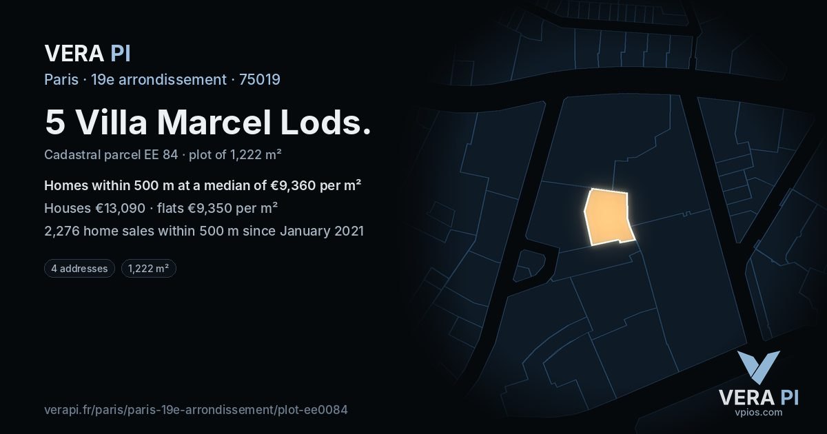 5 Villa Marcel Lods, 19e arrondissement at night – the plot lit, the parcels around coloured by the prices near them