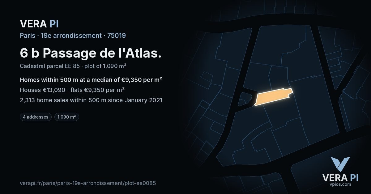6 b Passage de l'Atlas, 19e arrondissement at night – the plot lit, the parcels around coloured by the prices near them