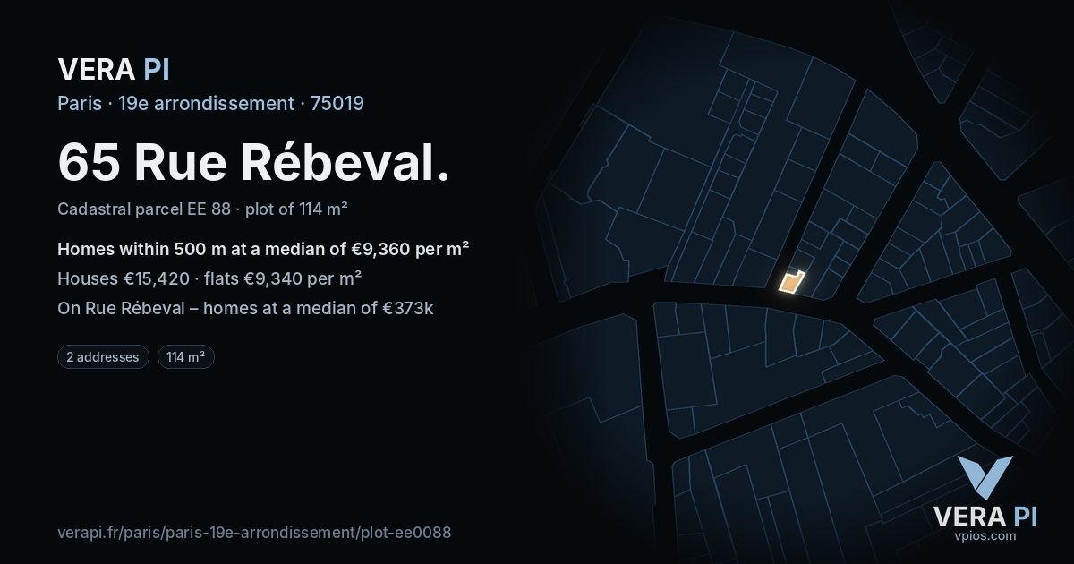 65 Rue Rébeval, 19e arrondissement at night – the plot lit, the parcels around coloured by the prices near them