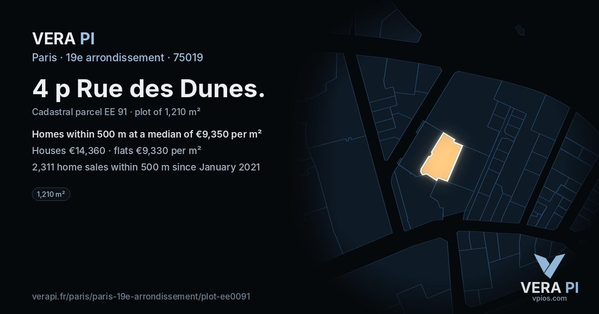 4 p Rue des Dunes, 19e arrondissement at night – the plot lit, the parcels around coloured by the prices near them
