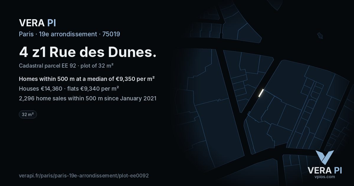 4 z1 Rue des Dunes, 19e arrondissement at night – the plot lit, the parcels around coloured by the prices near them