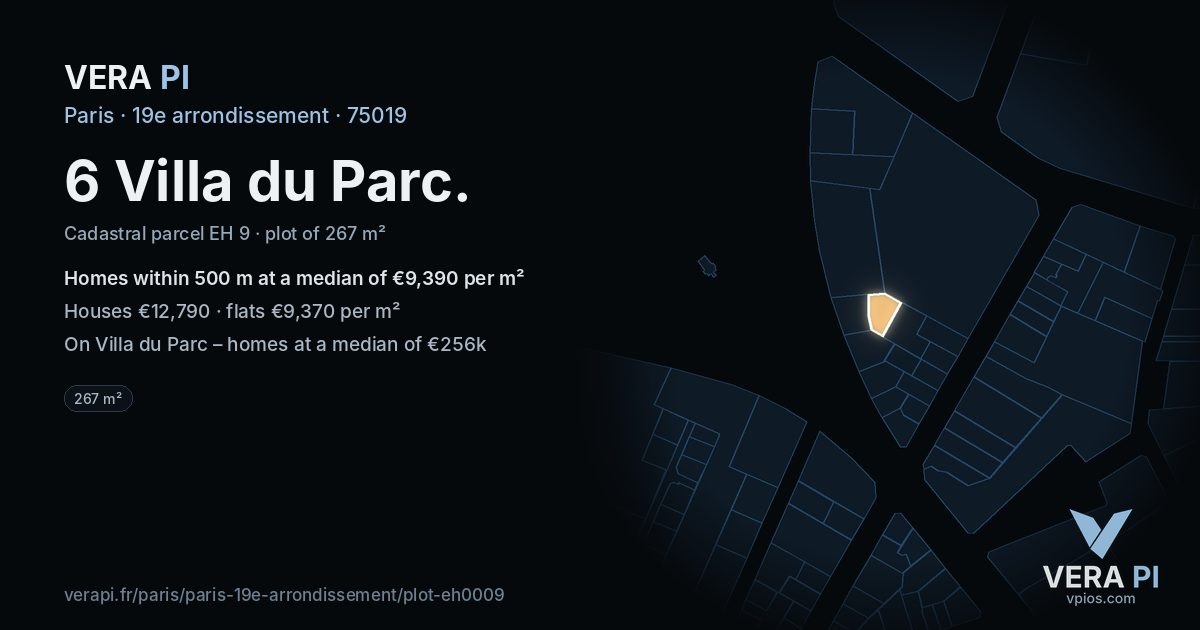 6 Villa du Parc, 19e arrondissement at night – the plot lit, the parcels around coloured by the prices near them