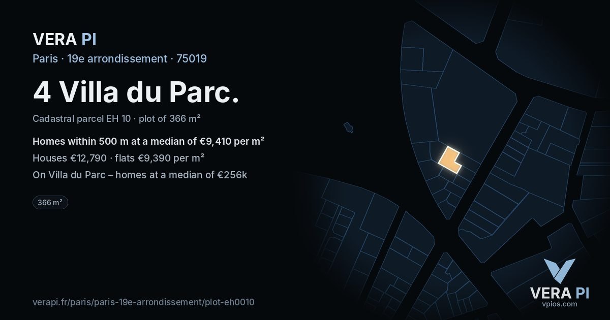 4 Villa du Parc, 19e arrondissement at night – the plot lit, the parcels around coloured by the prices near them