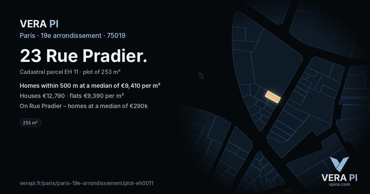 23 Rue Pradier, 19e arrondissement at night – the plot lit, the parcels around coloured by the prices near them
