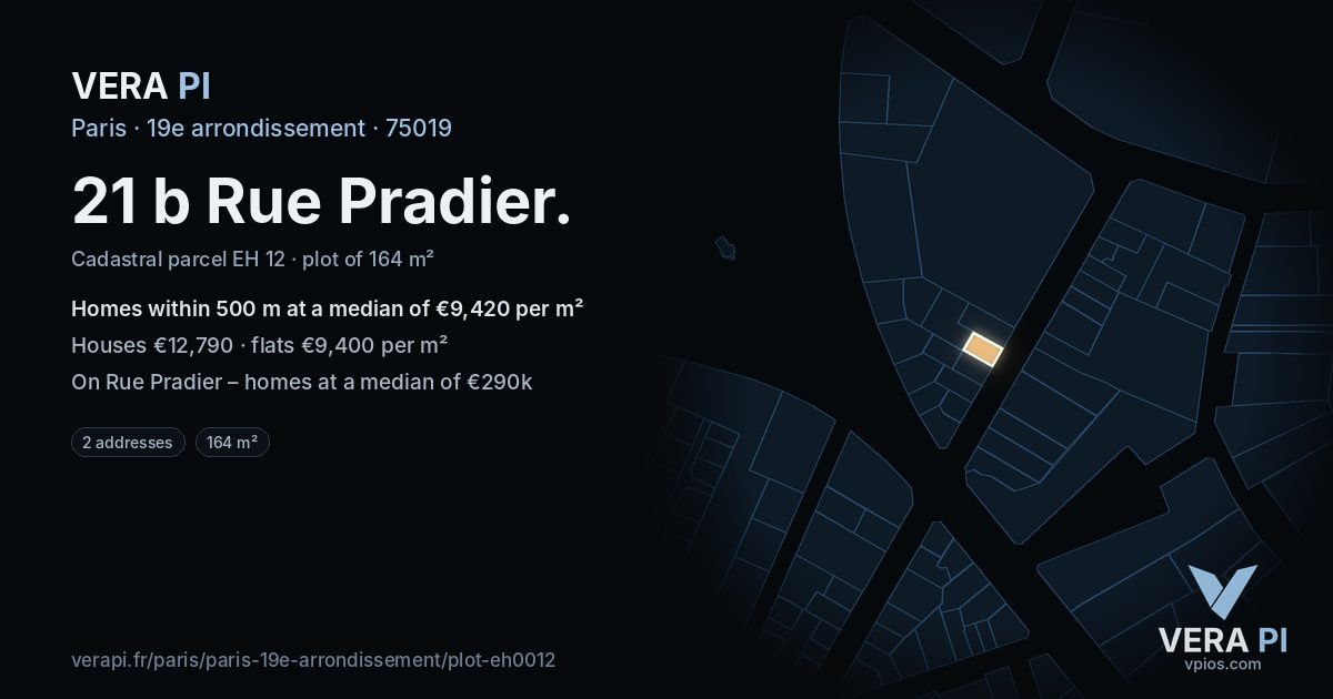21 b Rue Pradier, 19e arrondissement at night – the plot lit, the parcels around coloured by the prices near them