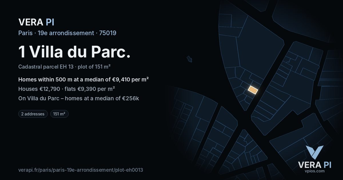 1 Villa du Parc, 19e arrondissement at night – the plot lit, the parcels around coloured by the prices near them