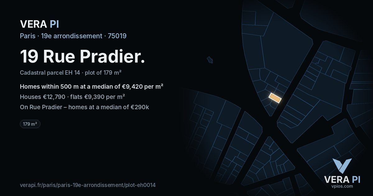 19 Rue Pradier, 19e arrondissement at night – the plot lit, the parcels around coloured by the prices near them