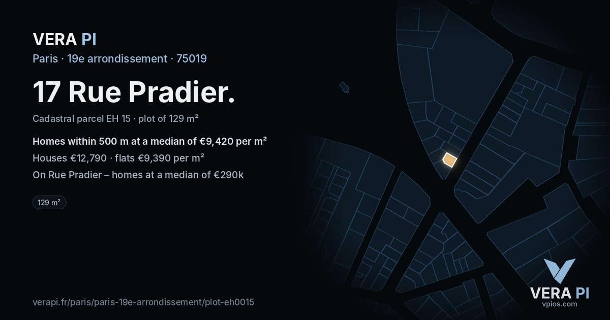 17 Rue Pradier, 19e arrondissement at night – the plot lit, the parcels around coloured by the prices near them