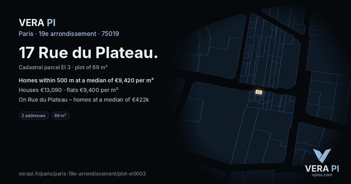 17 Rue du Plateau, 19e arrondissement at night – the plot lit, the parcels around coloured by the prices near them