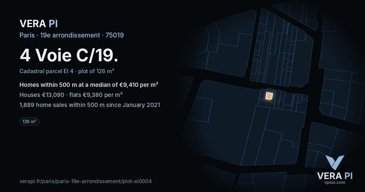 4 Voie C/19, 19e arrondissement at night – the plot lit, the parcels around coloured by the prices near them