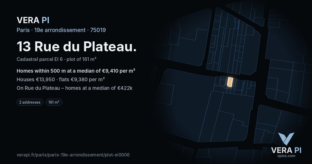 13 Rue du Plateau, 19e arrondissement at night – the plot lit, the parcels around coloured by the prices near them