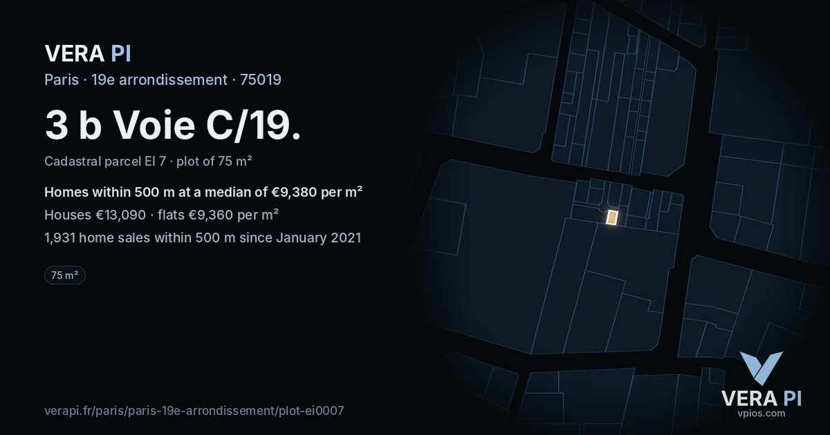 3 b Voie C/19, 19e arrondissement at night – the plot lit, the parcels around coloured by the prices near them