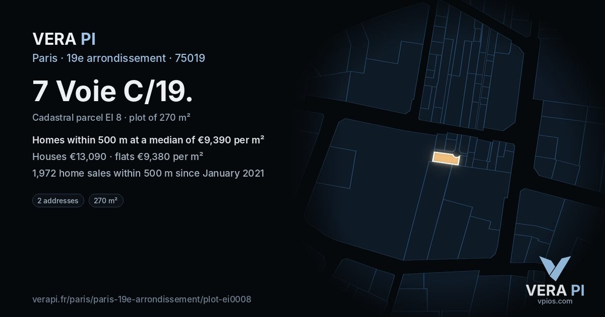 7 Voie C/19, 19e arrondissement at night – the plot lit, the parcels around coloured by the prices near them